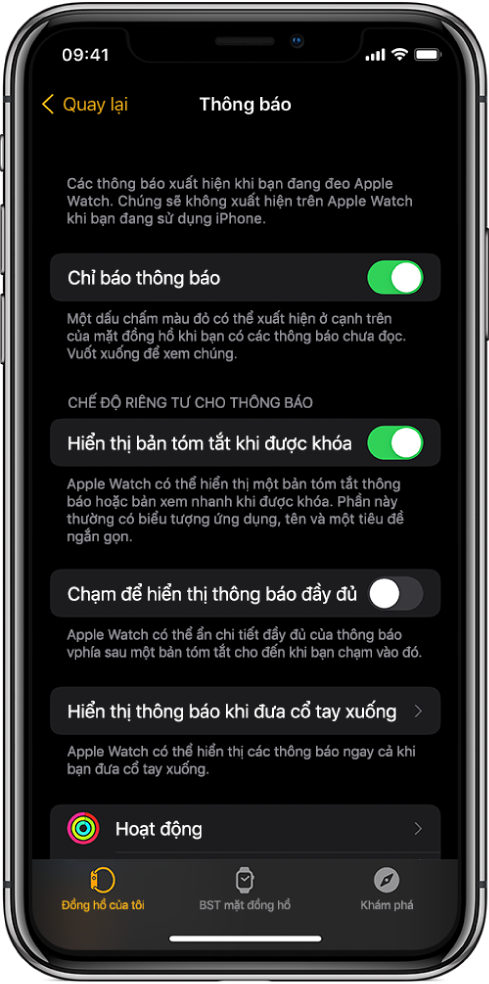 Màn hình Thông báo trên ứng dụng Apple Watch trên iPhone, đang hiển thị các nguồn thông báo.