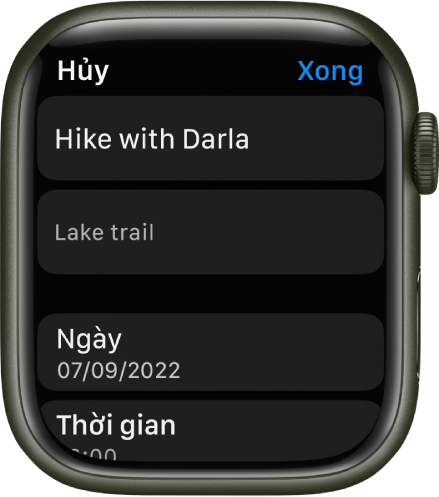 Màn hình Sửa trong ứng dụng Lời nhắc trên Apple Watch. Tên của lời nhắc ở trên cùng với phần mô tả ở bên dưới. Ở dưới cùng là ngày và giờ lời nhắc được đặt lịch trình để xuất hiện. Nút Xong ở trên cùng bên phải.