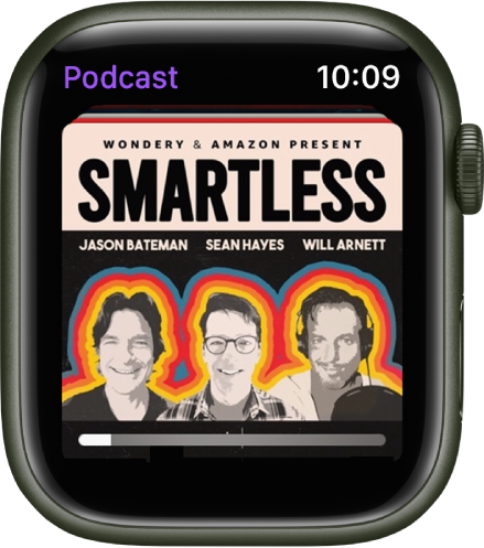 Ứng dụng Podcast trên Apple Watch hiển thị hình minh họa podcast. Chạm vào hình minh họa để phát tập đó.