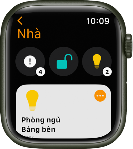 Ứng dụng Nhà đang hiển thị các biểu tượng trạng thái ở trên cùng và một phụ kiện ở bên dưới.