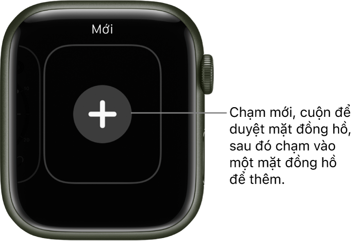 Màn hình mặt đồng hồ mới, với nút cộng ở giữa. Chạm để thêm mặt đồng hồ mới.