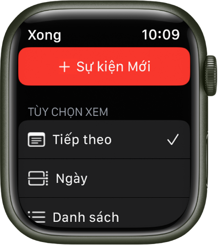 Ứng dụng Lịch đang hiển thị nút Sự kiện mới ở trên cùng và ba tùy chọn xem ở bên dưới – Tiếp theo, Ngày và Danh sách.