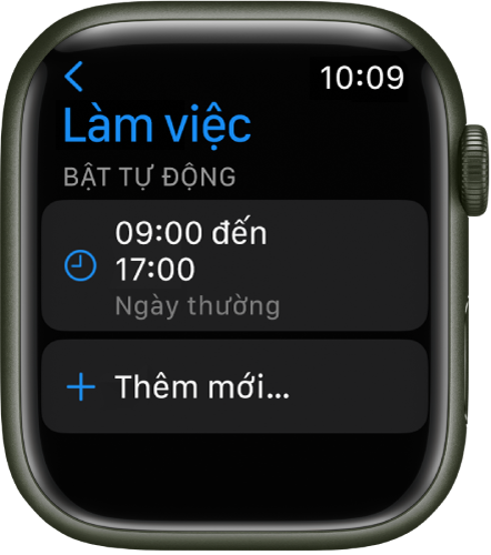 Màn hình chế độ tập trung Làm việc đang hiển thị một lịch trình từ 9 giờ sáng đến 5 giờ chiều vào các ngày thường. Một nút Thêm mới ở bên dưới.
