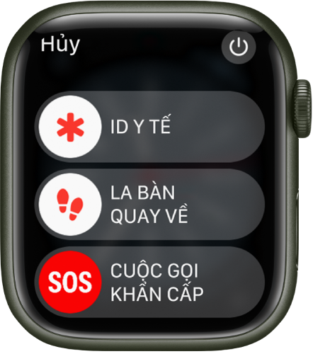 Màn hình Apple Watch đang hiển thị ba thanh trượt: ID y tế, La bàn Quay về và Cuộc gọi khẩn cấp. Nút Nguồn ở trên cùng bên phải.