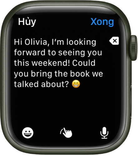Ứng dụng Mail hiển thị một màn hình là nơi bạn soạn email. Văn bản nội dung ở gần trên cùng với một nút Xóa ở bên phải. Ở dưới cùng là các nút Biểu tượng, Viết chữ và Đọc chính tả. Nút Xong ở trên cùng bên phải.