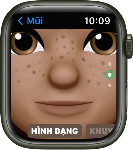 Ứng dụng Memoji trên Apple Watch đang hiển thị màn hình sửa Mũi. Một hình ảnh cận cảnh của khuôn mặt, với mũi ở giữa. Từ Hình dạng xuất hiện ở dưới cùng.