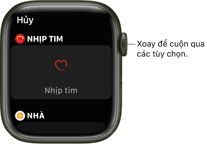 Màn hình tùy chỉnh cho mặt đồng hồ với tổ hợp Nhịp tim được tô sáng. Xoay Digital Crown để duyệt các tổ hợp.