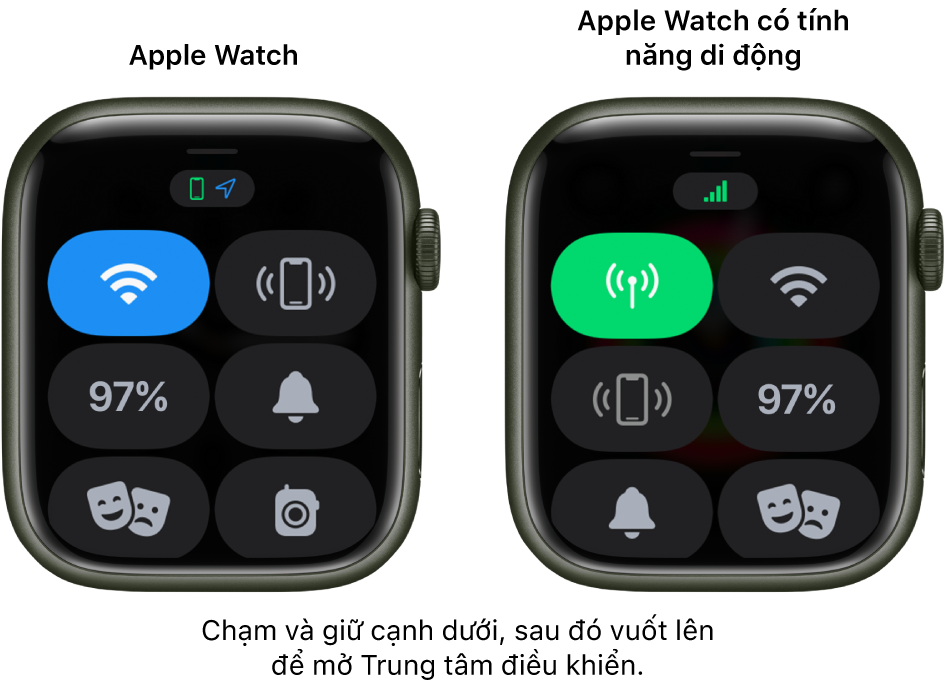 Hai hình ảnh: Apple Watch không có tín hiệu di động ở bên trái, đang hiển thị Trung tâm điều khiển. Nút Wi-Fi ở trên cùng bên trái, nút Ping iPhone ở trên cùng bên phải, nút Phần trăm pin ở giữa bên trái, nút Chế độ im lặng ở giữa bên phải, nút chế độ Rạp hát ở dưới cùng bên trái và nút Bộ đàm ở dưới cùng bên phải. Hình ảnh bên phải hiển thị Apple Watch có tín hiệu di động. Trung tâm điều khiển hiển thị nút Di động ở trên cùng bên trái, nút Wi-Fi ở trên cùng bên phải, nút Ping iPhone ở giữa bên trái, nút Phần trăm pin ở giữa bên phải, nút Chế độ im lặng ở dưới cùng bên trái và nút chế độ Rạp hát ở dưới cùng bên phải.