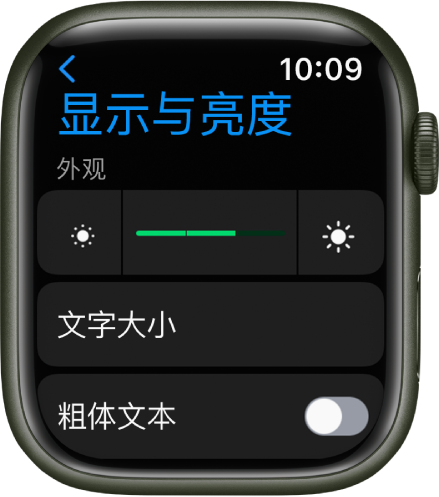 Apple Watch 上的“显示与亮度”设置，顶部是“亮度”滑块，下方是“文字大小”按钮。