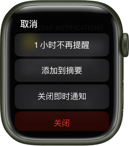 Apple Watch 上的通知设置。顶部按钮显示“1 小时不再提醒”。下方是“添加到摘要”、“关闭即时通知”和“关闭”按钮。