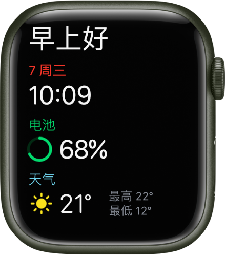 Apple Watch 显示起床屏幕。“早上好”文字显示在顶部。下方是日期、时间、电池百分比和天气。
