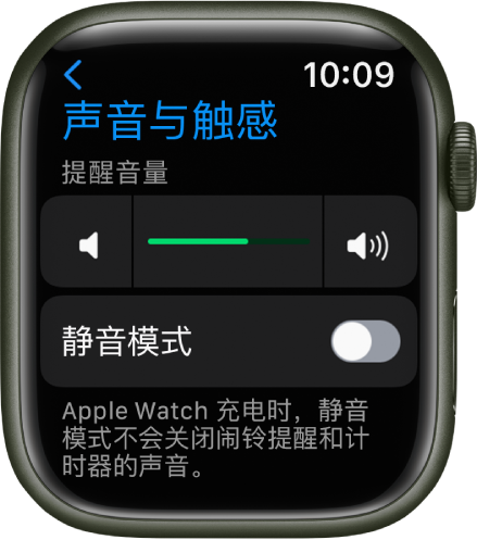 Apple Watch 上的“声音与触感”设置，顶部是“提醒音量”滑块，下方是“静音模式”开关。