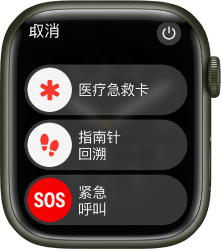 Apple Watch 屏幕显示三个滑块：“医疗急救卡”、“指南针回溯”和“紧急呼叫”。右上方为“电源”按钮。