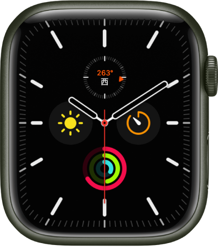 你可以在「子午線」錶面上調整錶面顏色及錶盤刻度。其在指針錶面內顯示四個複雜功能：「指南針面向」位於上方、「計時器」位於右方、「健身記錄」位於底部，以及「天氣概況」位於左方。
