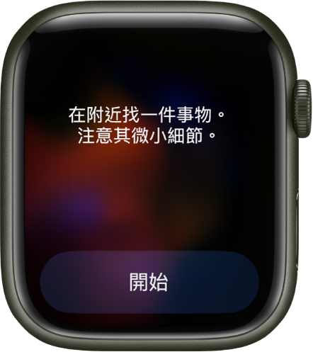 「靜觀」App 顯示讓你沉思的想法:「在附近找一件事物。注意其微小細節」。下方是「開始」按鈕。