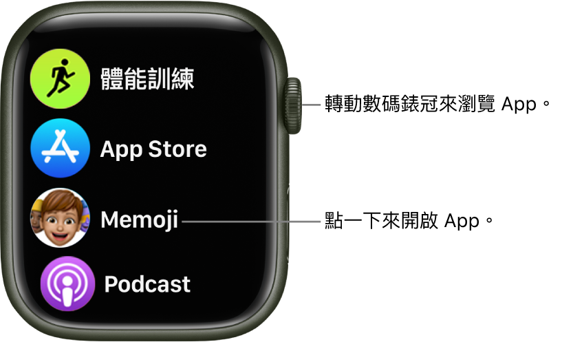 Apple Watch 上「列表顯示方式」的主畫面，App 以列表方式顯示。點一下 App 即可開啟。捲動即可查看更多 App。