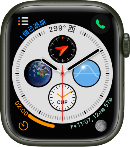 「資訊圖」錶面的每個角落複雜功能，中央是四個子錶盤。