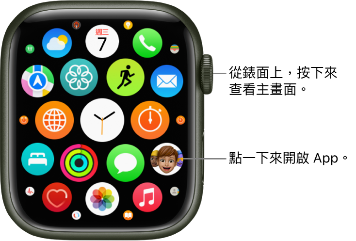 Apple Watch 上「格狀顯示方式」的主畫面，App 以群集方式顯示。點一下 App 即可開啟。拖移即可查看更多 App。