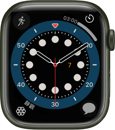 「正數計時」錶面。共顯示四個複雜功能：「體能訓練指數」位於左上方、「計時器」位於右上方、「靜觀」位於左下方，以及「訊息」位於右下方。
