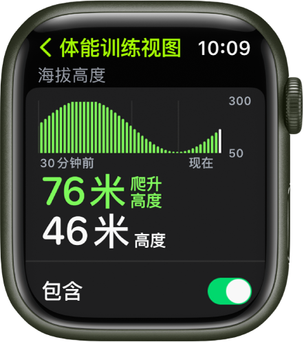 “体能训练视图”屏幕显示“海拔高度”测量指标。顶部附近的图形显示海拔高度随时间升高和降低。下方是已爬升的海拔高度和当前海拔高度。底部是“包含”开关。
