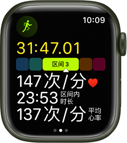 “体能训练” App 显示正在进行的“户外跑步”训练。分析数据列表显示在屏幕上。列表中包含累计时间、心率区间、心率、区间内时长和平均心率。