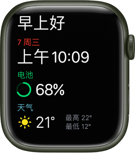 Apple Watch 显示起床屏幕。“早上好”文字显示在顶部。下方是日期、时间、电池百分比和天气。