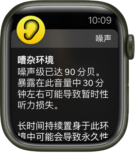显示“噪声”通知的 Apple Watch。与通知相关联 App 的图标显示在左上方。你可以轻点图标来打开 App。