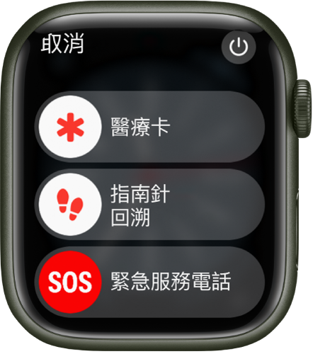 Apple Watch 畫面顯示三個滑桿：「醫療卡」、「指南針」、「回溯」和「緊急電話」。電源按鈕位於右上方。