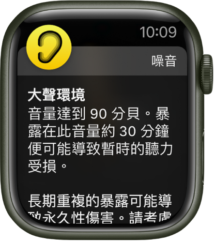 Apple Watch 顯示「噪音」通知。與通知相關聯的 App 圖像會顯示在左上角。你可以點一下圖像來打開 App。