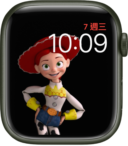「玩具總動員」錶面在右上角顯示星期、日期和時間，動態的潔西則位於畫面左側。