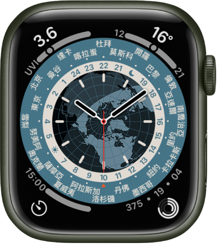 「世界時區」錶面顯示指針式錶盤。中間為顯示白天和晚上的地球地圖。數字和城市名稱顯示在刻度盤上，指出每個地點的時間。每個角落都有一個複雜功能：「紫外線指數」位於左上角、「氣溫」位於右上角、「計時器」位於左下角，以及「活動記錄」位於右下角。