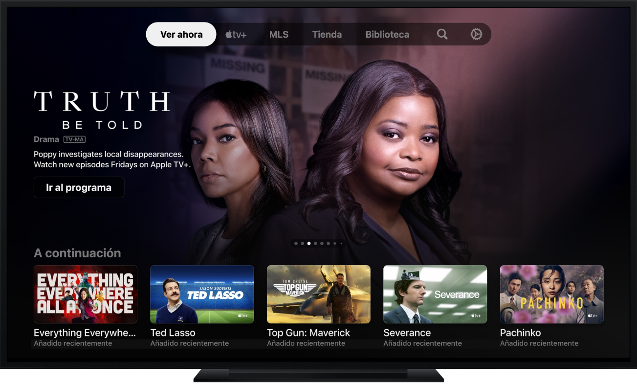 App Apple TV tal y como se ve en una pantalla de televisión.