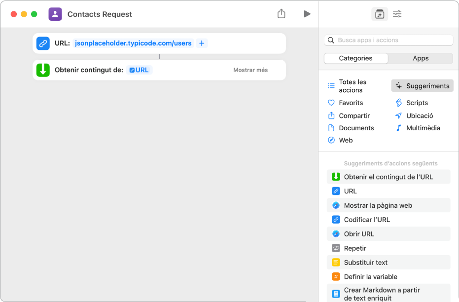 Una sol·licitud de l’API que conté una acció URL que apunta al punt final de l’API seguida de l’acció “Obtenir el contingut de l’URL”.