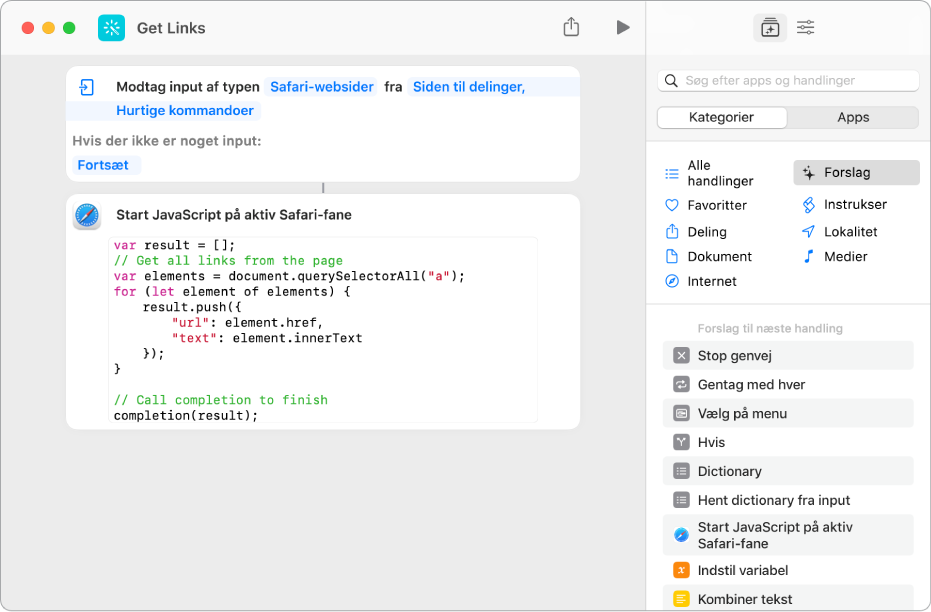 Handlingen Start JavaScript på webside i redigeringsværktøjet til genveje.