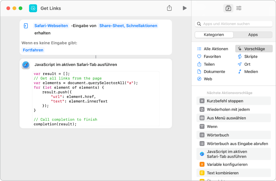 Die Aktion „JavaScript auf Webseite ausführen“ im Kurzbefehleditor