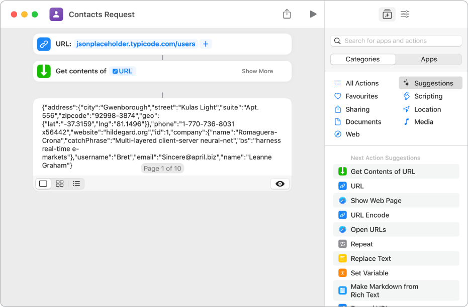 Results of the Typicode API request shortcut, showing a list of users.