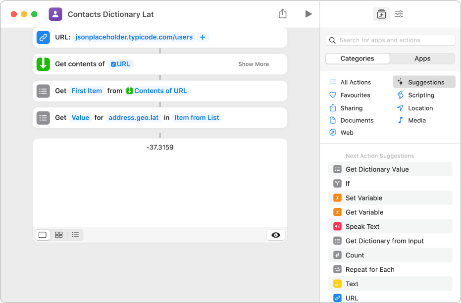 Get Dictionary Value action in the shortcut editor with the key set to address.geo.lat.