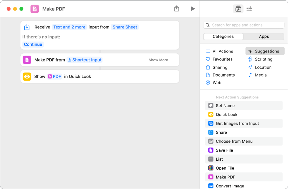 Shortcut editor showing vertical line connecting actions.