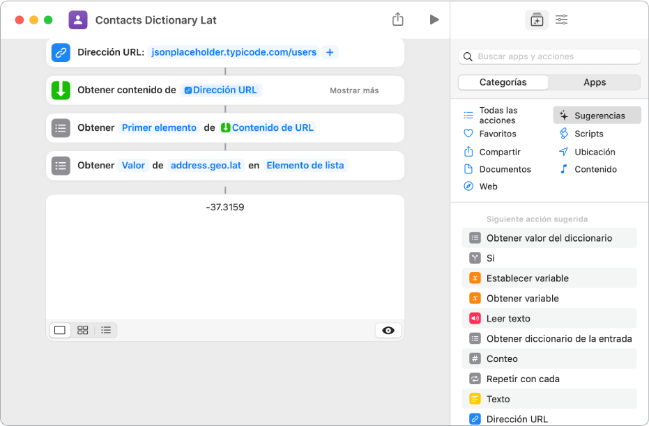 La acción “Obtener valor del diccionario” en el editor de atajos con la clave "address.geo.lat." seleccionada.