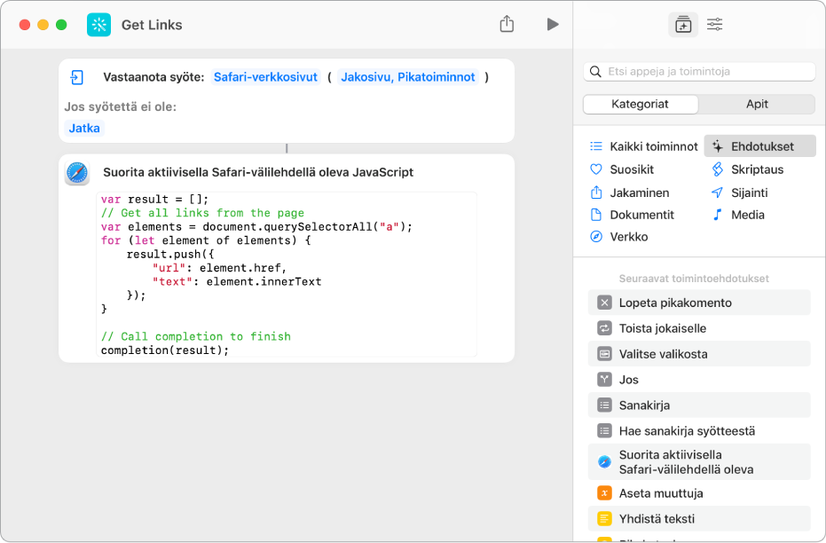 Suorita JavaScript verkkosivulla -toiminto pikakomentoeditorissa.