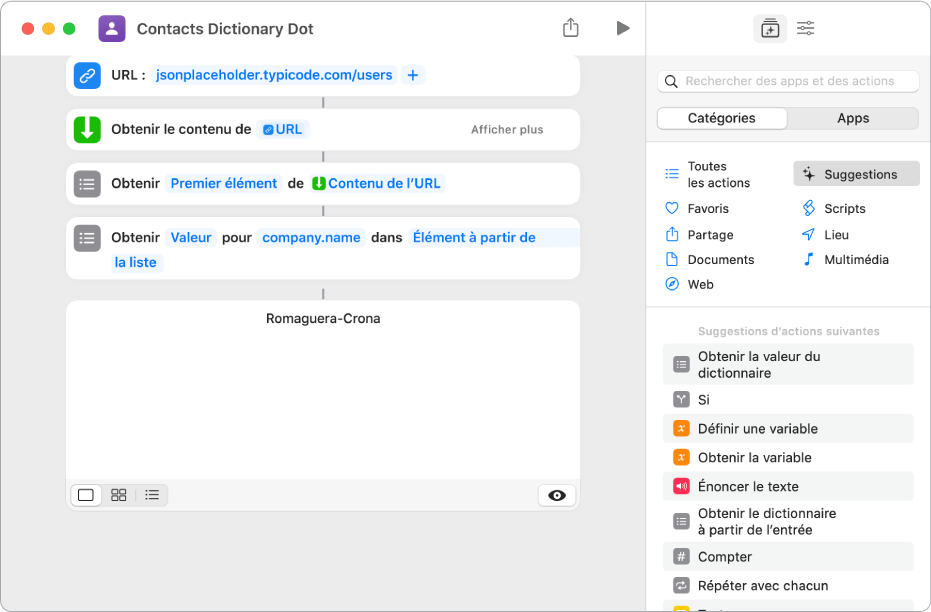 Clé de l’action Obtenir la valeur du dictionnaire dans l’éditeur de raccourcis réglée sur nom de l’entreprise.