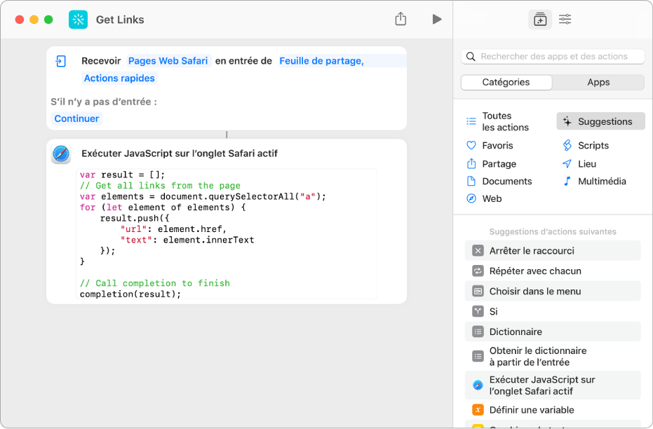 Action « Exécuter JavaScript sur une page Web » dans l’éditeur de raccourcis.