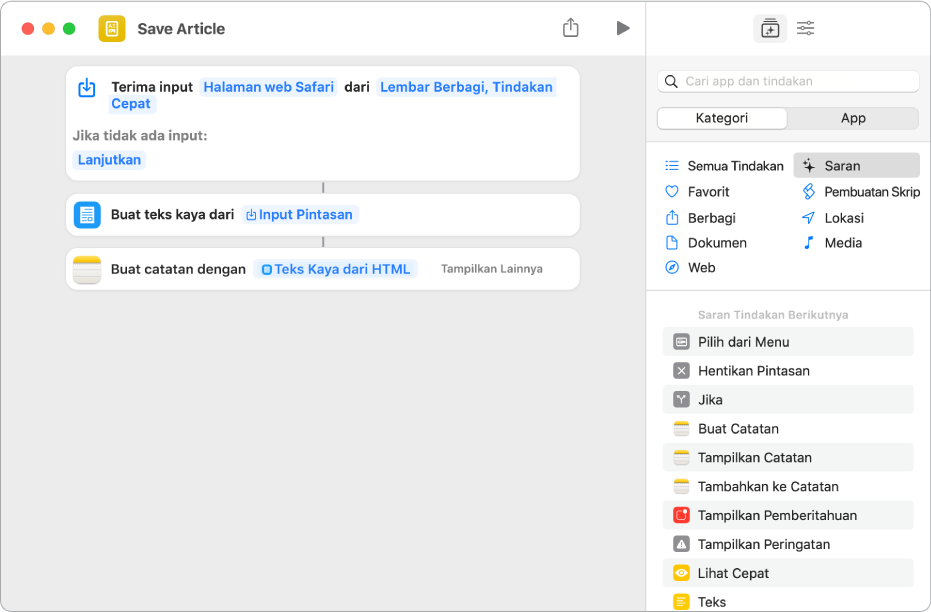 Tindakan yang ditampilkan di editor pintasan.