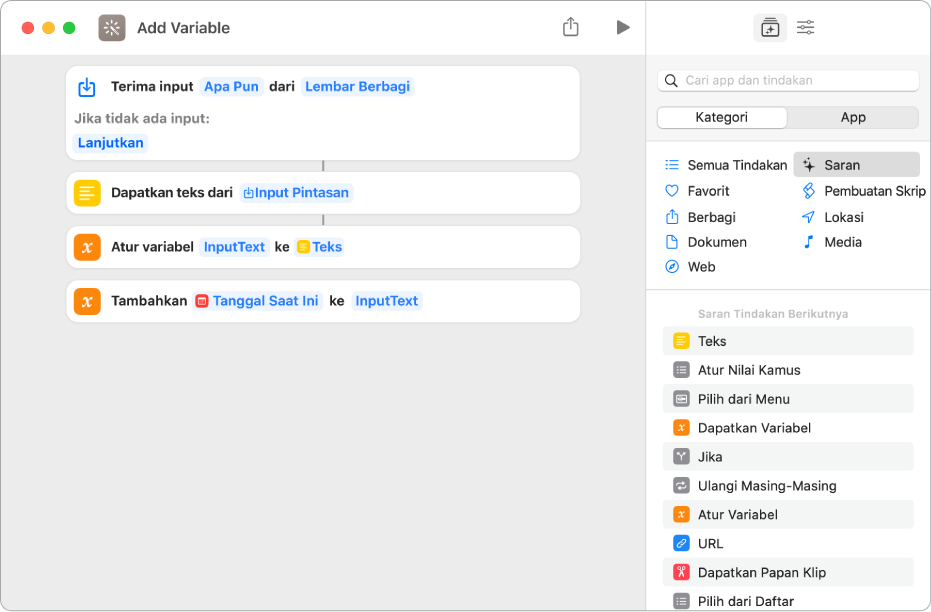 Tindakan Atur Variabel dan Tambahkan ke Variabel di editor pintasan.