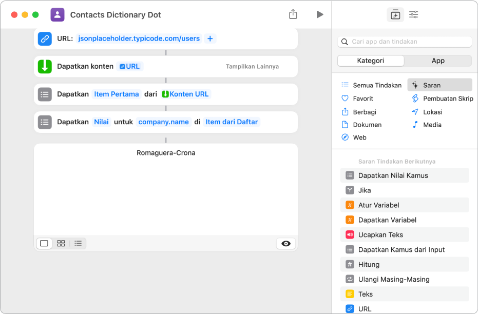 Tindakan Dapatkan Nilai Kamus di editor pintasan dengan kunci yang diatur ke nama company.name.