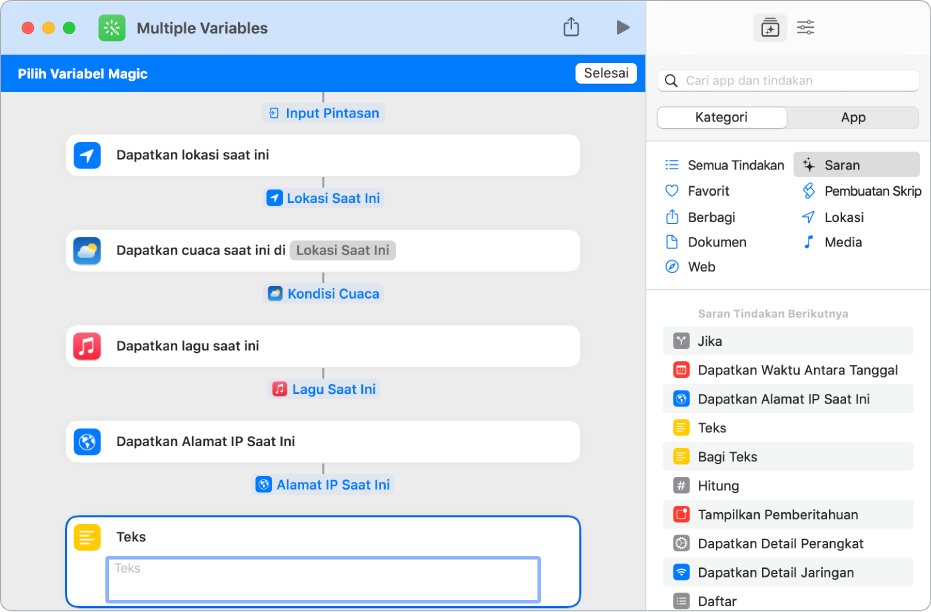 Variabel yang dapat dipilih di editor pintasan.