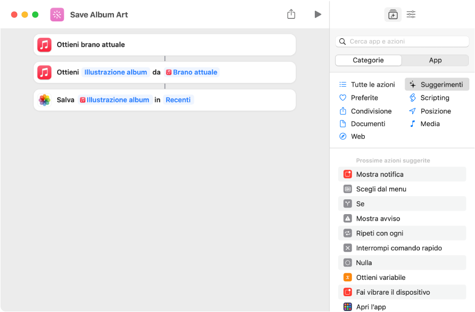 Comando rapido esemplificativo che mostra azioni che estraggono contenuti da un input.