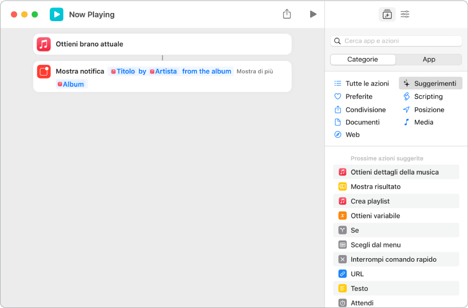 Azione “Mostra notifica” nell'editor di comandi rapidi e l'avviso “In riproduzione” di Music chiamato dall'azione “Mostra notifica”.