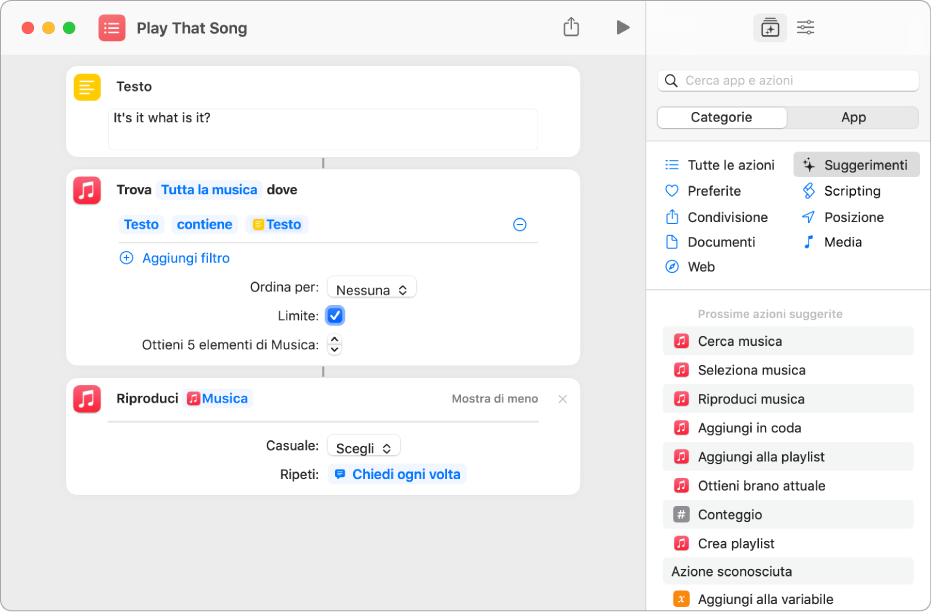 La variabile “Chiedi sempre” sostituisce i parametri di ripetizione nell'azione “Riproduci musica” nell'editor di comandi rapidi.