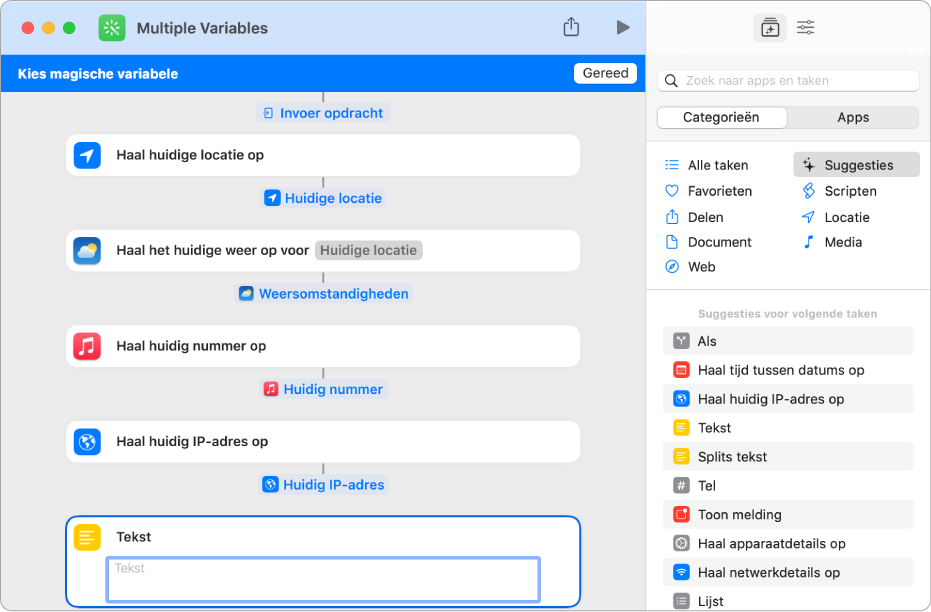 Selecteerbare variabelen in de opdrachteneditor.